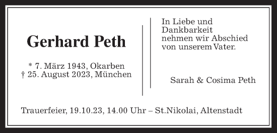 Traueranzeige von Gerhard Peth von Wetterauer Zeitung