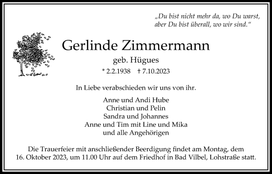 Traueranzeige von Gerlinde Zimmermann von Bad Vilbel/Karben