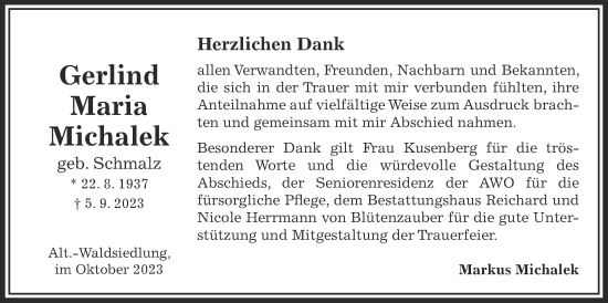 Traueranzeige von Gerlind Maria Michalek von Kreis-Anzeiger