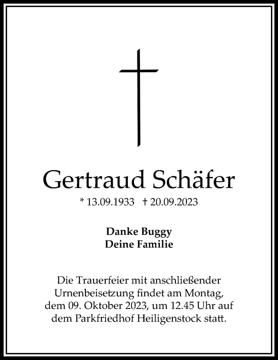 Traueranzeige von Gertraud Schäfer von Bad Vilbel/Karben