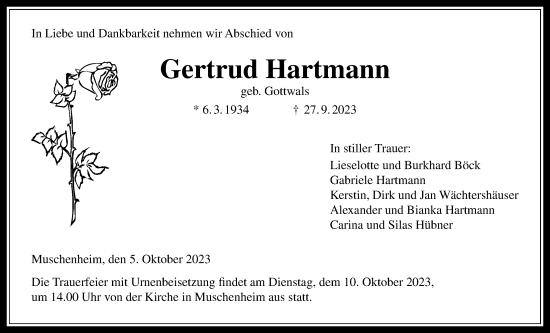 Traueranzeige von Gertrud Hartmann von Licher Wochenblatt
