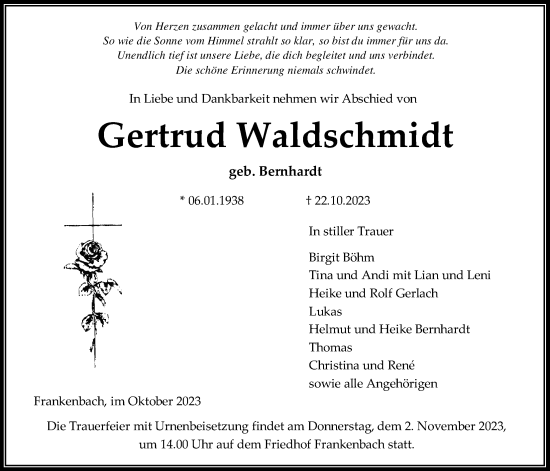 Traueranzeige von Gertrud Waldschmidt von Giessener Anzeiger