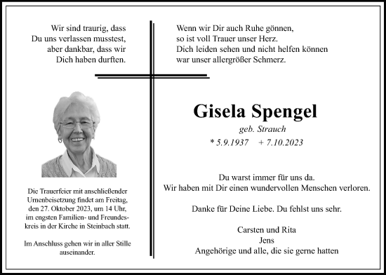 Traueranzeige von Giesela Spengel von Giessener Anzeiger