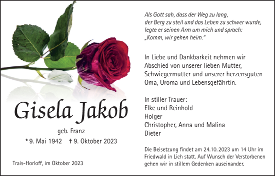 Traueranzeige von Gisela Jakob von Licher Wochenblatt