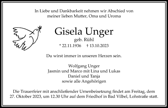 Traueranzeige von Gisela Unger von Bad Vilbel/Karben