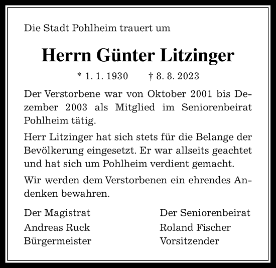 Traueranzeige von Günter Litzinger von Pohlheimer Nachrichten, Pohlheimer Nachrichten