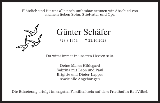 Traueranzeige von Günter Schäfer von Bad Vilbel/Karben