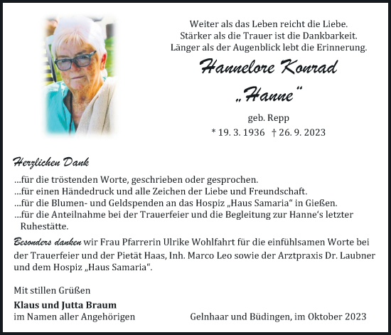 Traueranzeige von Hannelore Konrad von Kreis-Anzeiger