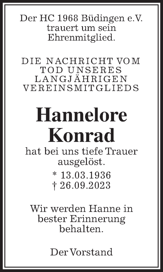 Traueranzeige von Hannelore Konrad von Kreis-Anzeiger