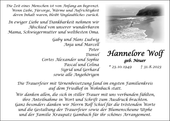 Traueranzeige von Hannelore Wolf von Wetterauer Zeitung