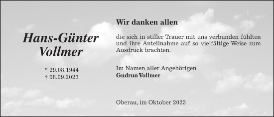 Traueranzeige von Hans-Günter Vollmer von Kreis-Anzeiger
