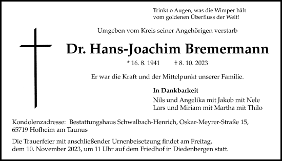 Traueranzeige von Hans-Joachim Bremermann 