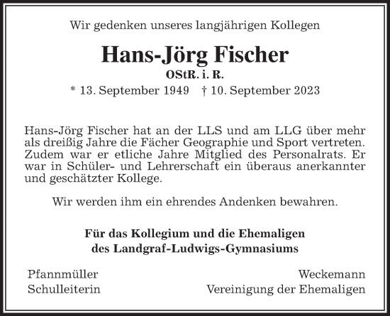 Traueranzeige von Hans-Jörg Fischer von Giessener Allgemeine, Alsfelder Allgemeine