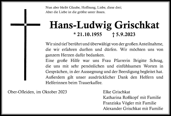 Traueranzeige von Hans-Ludwig Grischkat von Alsfelder Allgemeine