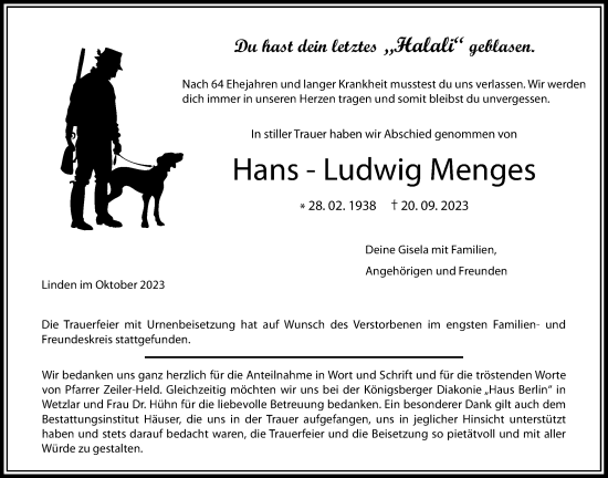 Traueranzeige von Hans-Ludwig Menges von Giessener Allgemeine, Alsfelder Allgemeine