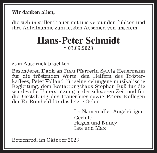 Traueranzeige von Hans-Peter Schmidt von Kreis-Anzeiger