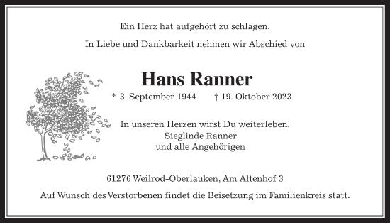 Traueranzeige von Hans Ranner von Usinger Anzeiger