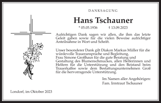 Traueranzeige von Hans Tschauner von Rabenauer Zeitung, Rabenauer Zeitung, Giessener Allgemeine, Alsfelder Allgemeine