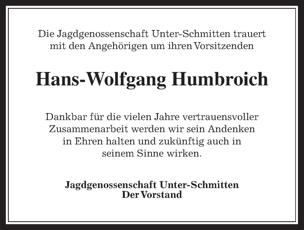  Traueranzeige für Hans-Wolfgang Humbroich vom 14.10.2023 aus Kreis-Anzeiger