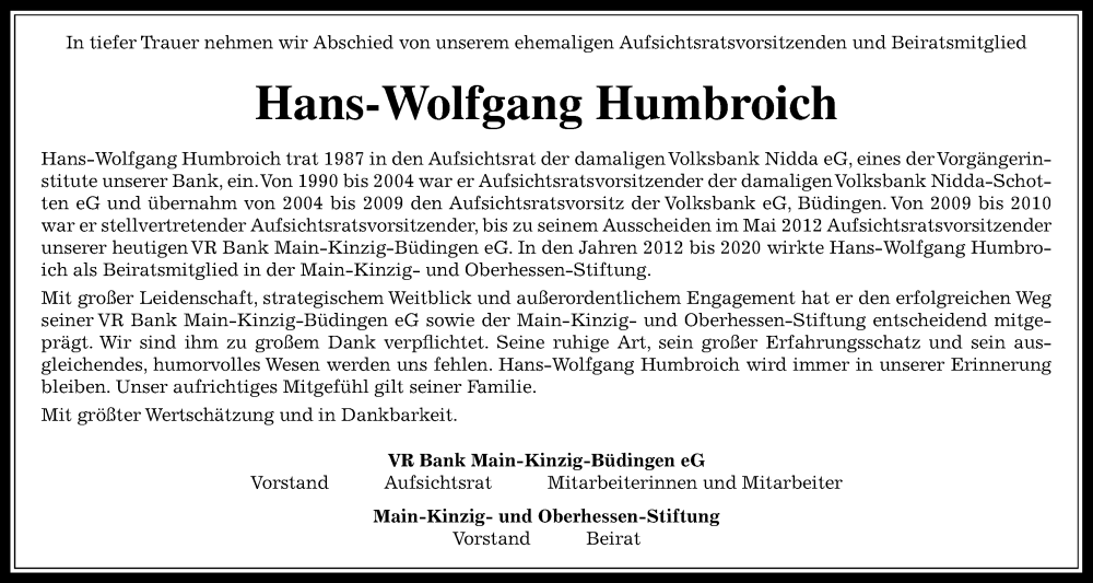  Traueranzeige für Hans-Wolfgang Humbroich vom 14.10.2023 aus Kreis-Anzeiger, Giessener Anzeiger
