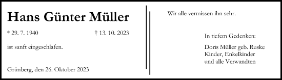 Traueranzeige von Hans Günter Müller von Heimatzeitung Grünberg + Laubach
