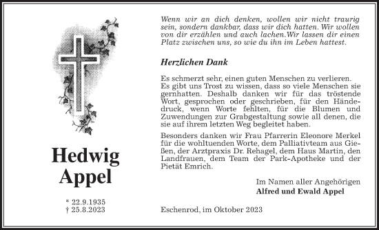 Traueranzeige von Hedwig Appel von Kreis-Anzeiger