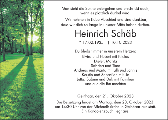 Traueranzeige von Heinrich Schäb von Kreis-Anzeiger