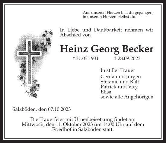 Traueranzeige von Heinz Georg Becker von Giessener Anzeiger