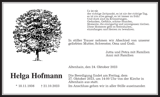 Traueranzeige von Helga Hofmann von Giessener Allgemeine, Alsfelder Allgemeine