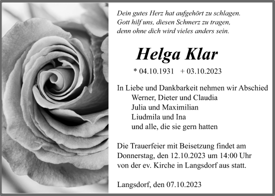 Traueranzeige von Helga Klar von Giessener Anzeiger