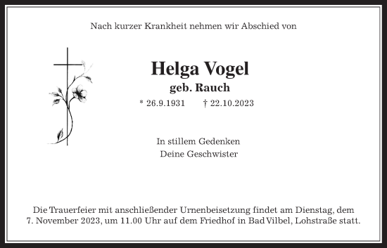 Traueranzeige von Helga Vogel von Bad Vilbel/Karben