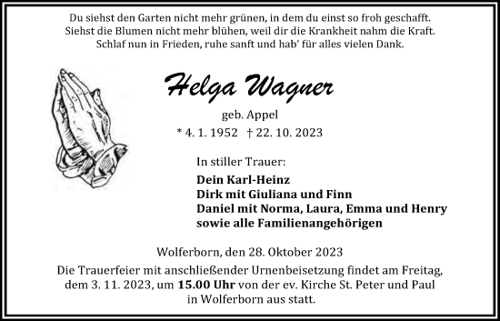 Traueranzeige von Helga Wagner von Kreis-Anzeiger