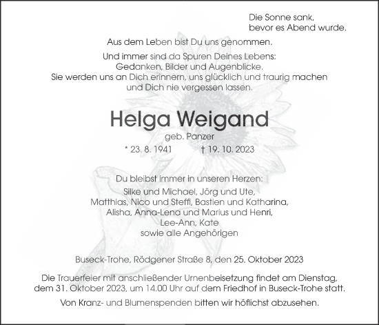 Traueranzeige von Helga Weigand von Giessener Allgemeine, Alsfelder Allgemeine, Giessener Anzeiger, Giessener Allgemeine, Alsfelder Allgemeine, Giessener Anzeiger