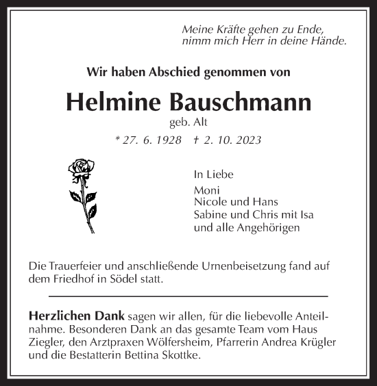 Traueranzeige von Helmine Bauschmann von Wetterauer Zeitung