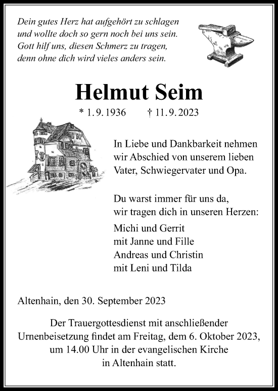 Traueranzeige von Helmut Seim von Giessener Allgemeine, Alsfelder Allgemeine, Laubacher Anzeiger