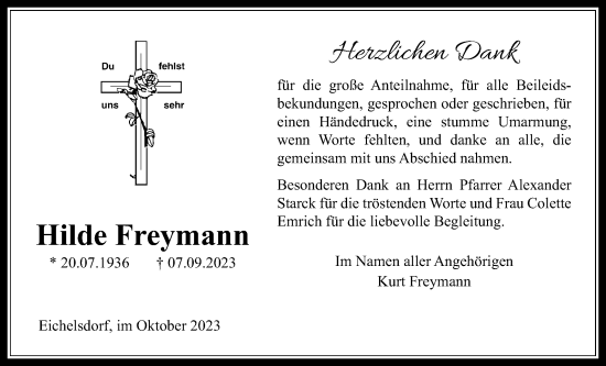 Traueranzeige von Hilde Freymann von Kreis-Anzeiger