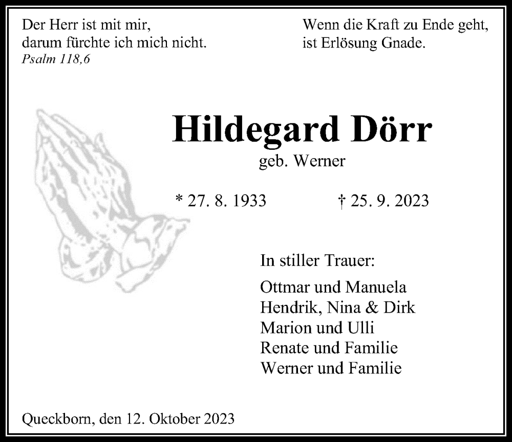  Traueranzeige für Hildegard Dörr vom 12.10.2023 aus Heimatzeitung Grünberg + Laubach, Heimatzeitung Grünberg + Laubach
