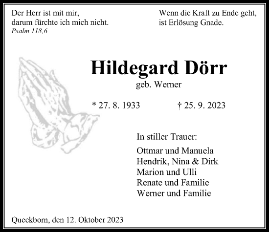 Traueranzeige von Hildegard Dörr von Heimatzeitung Grünberg + Laubach, Heimatzeitung Grünberg + Laubach