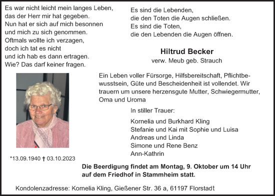 Traueranzeige von Hiltrud Becker von Wetterauer Zeitung