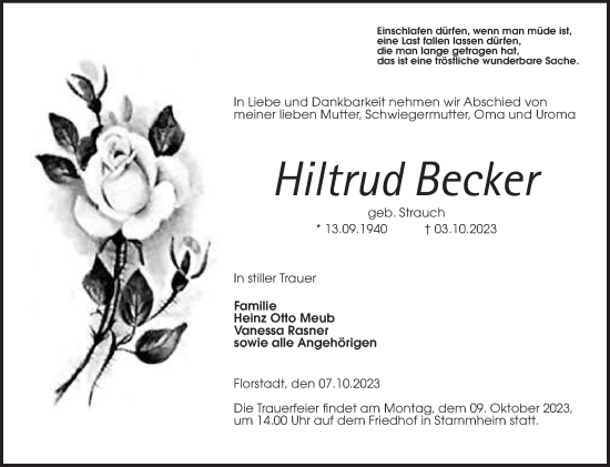 Traueranzeige von Hiltrud Becker von Wetterauer Zeitung