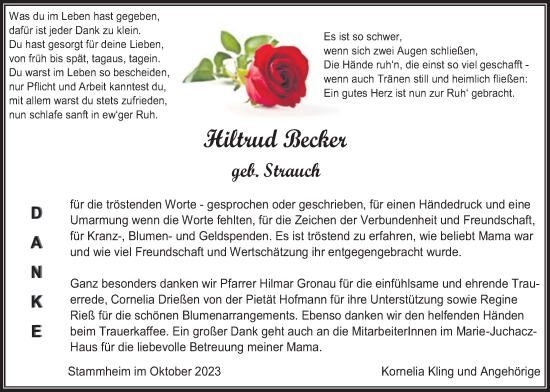 Traueranzeige von Hiltrud Becker von Wetterauer Zeitung