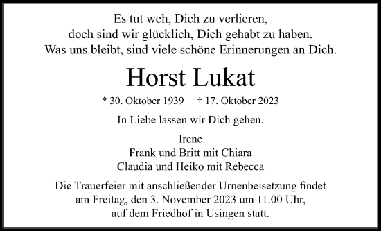 Traueranzeige von Horst Lukat von Usinger Anzeiger