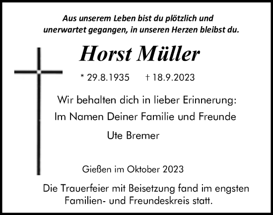 Traueranzeige von Horst Müller von Giessener Anzeiger
