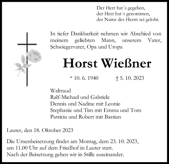 Traueranzeige von Horst Wießner von Giessener Allgemeine, Alsfelder Allgemeine