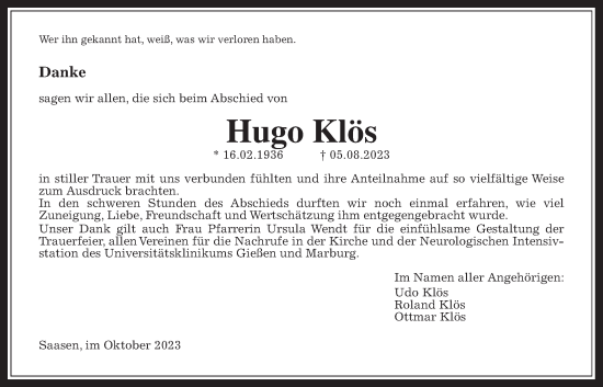 Traueranzeige von Hugo Klös von Giessener Allgemeine, Alsfelder Allgemeine