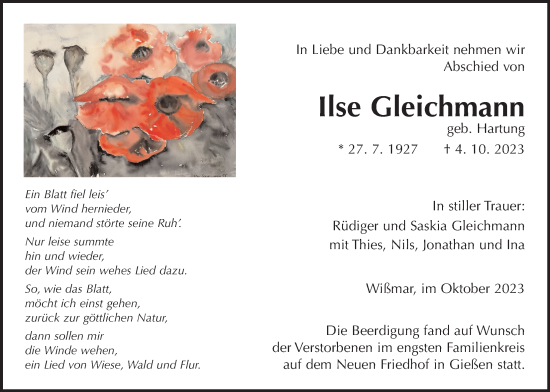 Traueranzeige von Ilse Gleichmann von Giessener Anzeiger, Giessener Allgemeine, Alsfelder Allgemeine
