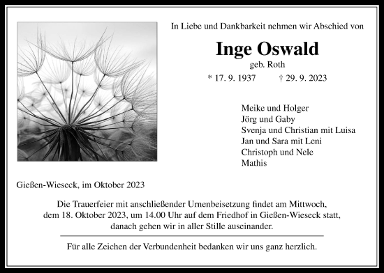 Traueranzeige von Inge Oswald von Giessener Allgemeine, Alsfelder Allgemeine