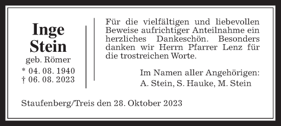 Traueranzeige von Inge Stein von Giessener Allgemeine, Alsfelder Allgemeine