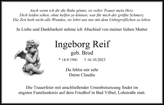 Traueranzeige von Ingeborg Reif von Bad Vilbel/Karben