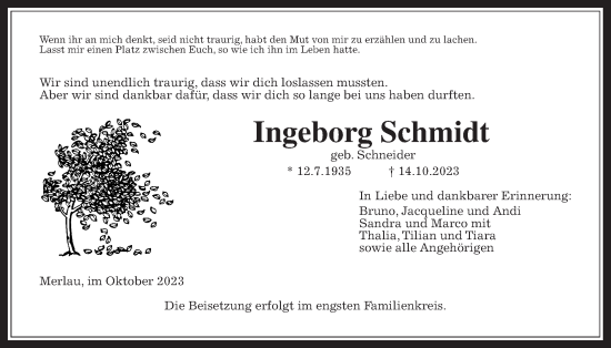 Traueranzeige von Ingeborg Schmidt von Mücker Stimme
